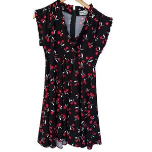 Unique Vintage Dress Cherry Print Ruffle Swing‎ Black Retro Medium Goth